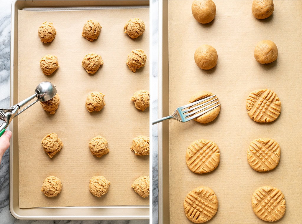 side by side photos showing the process of scooping and pressing peanut cookies with a fork.