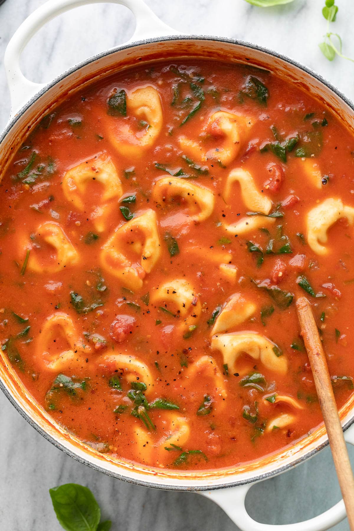 top down view of white pot with freshly made tomato tortellini soup with spinach.