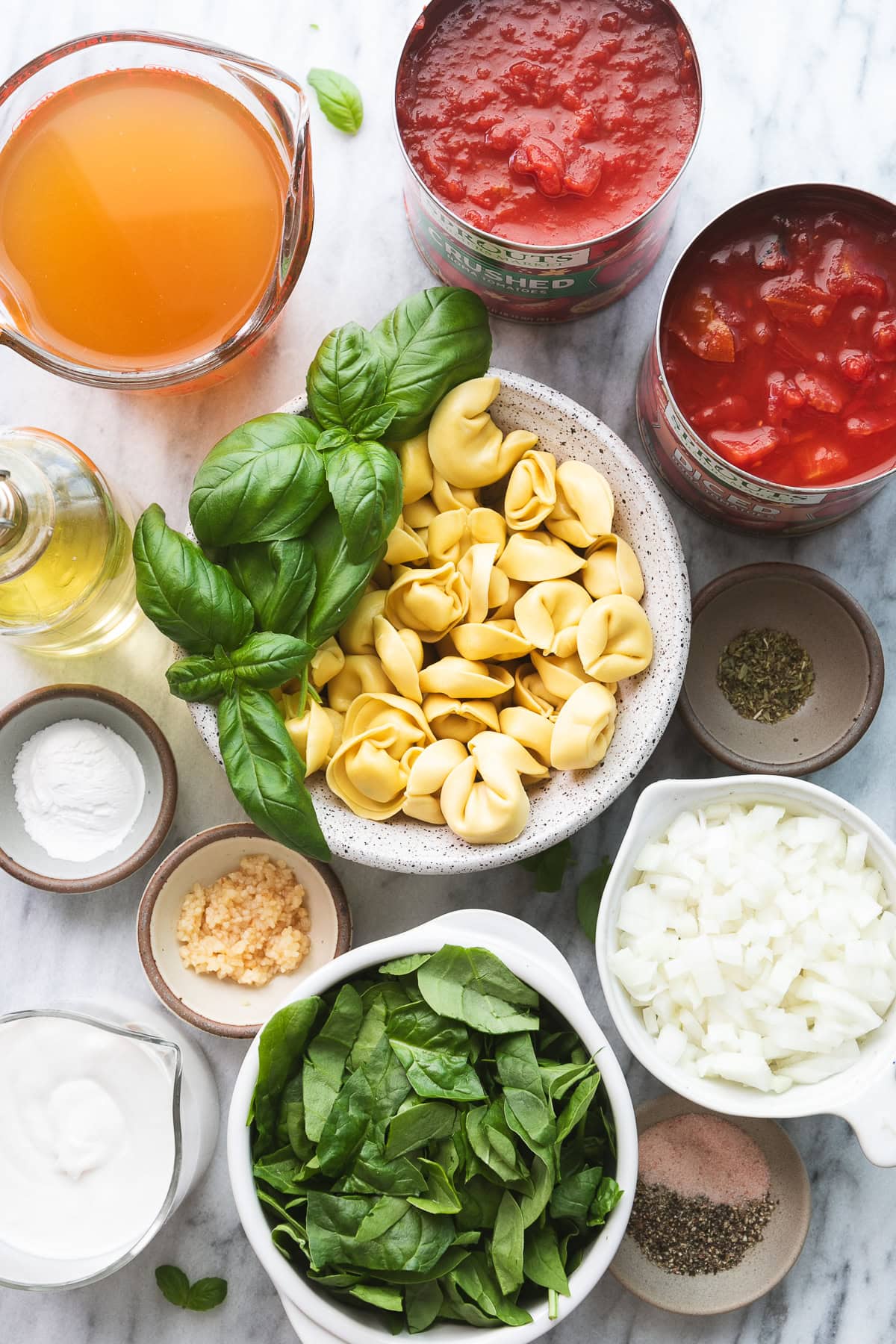 top down view of ingredients used to make tomato tortellini soup recipe.