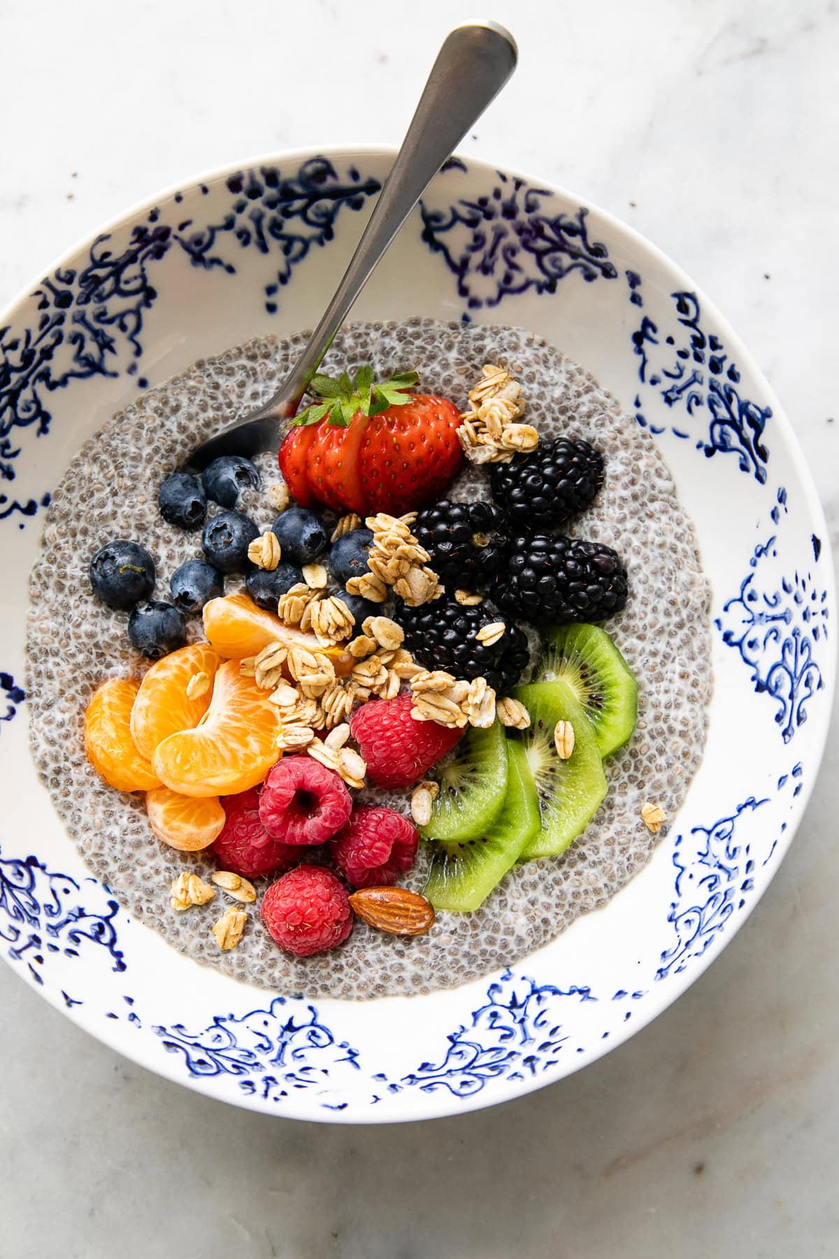 creamy bowl of vegan chia pudding with raspberries, mandarine slices, kiwi, and other colorful berries topped with granola.