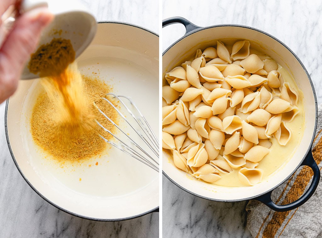 side by side process steps of making vegan mac and cheese.