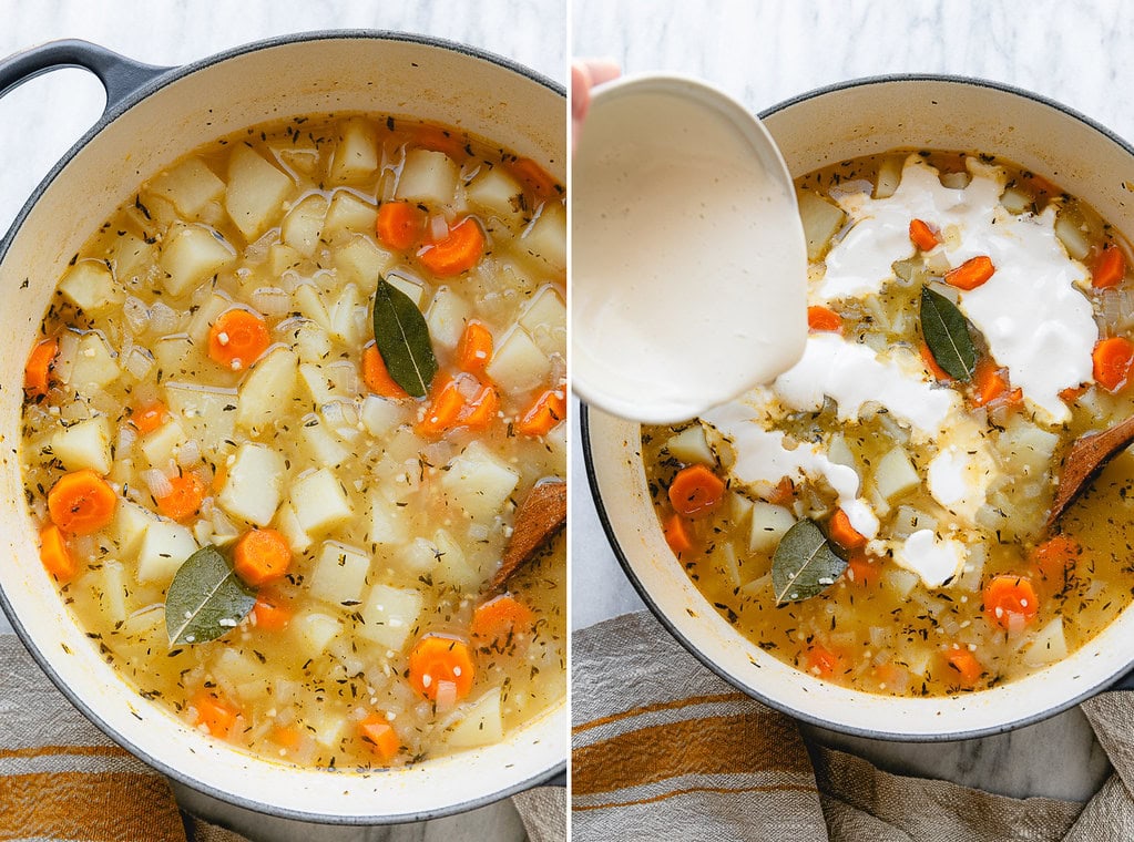 side by side process shots of simmered soup and adding cream to finish.