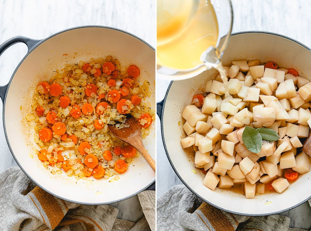 side by side process shots of sauteed aromatics and adding potatoes and broth.