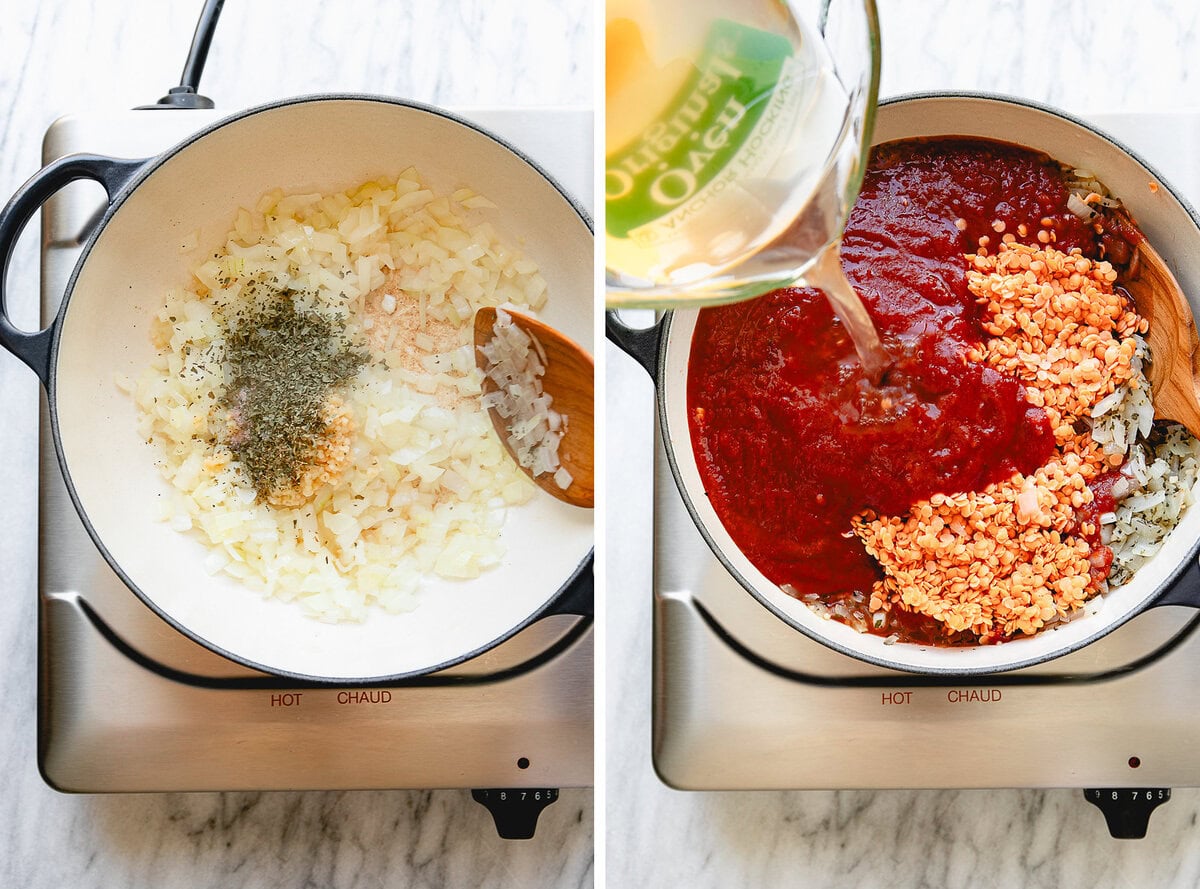 side by side process shots of sauteeing aromatics and adding remaining ingredients before simmering red lentil pasta sauce.