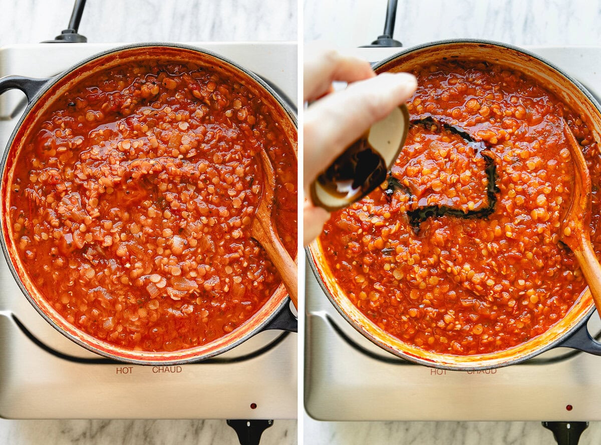 side by side process shots of how to make red lentil pasta sauce.