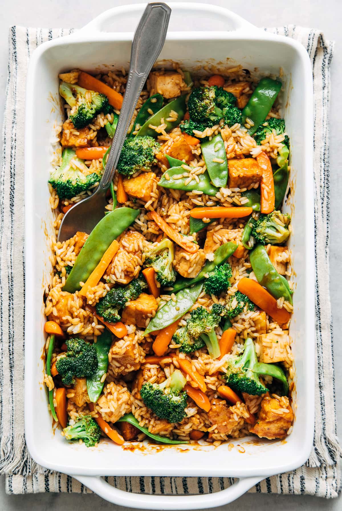 freshly made entree of teriyaki tofu casserole in a baking dish.